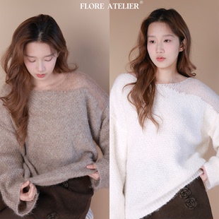 FLOREATELIER雾感羊毛半透镂空一字领针织衫慵懒风宽松显瘦毛衣