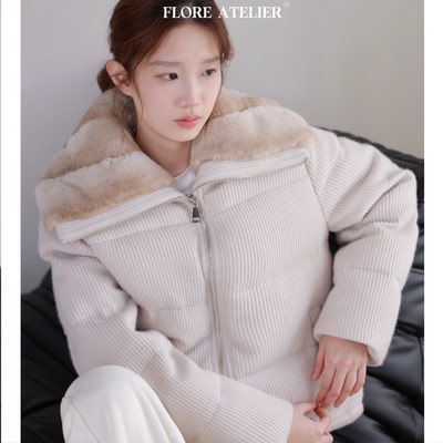 FLOREATELIER兔毛领加厚保暖鹅绒服宽松慵懒风显瘦羊毛针织外套