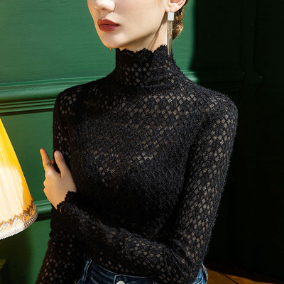 高领薄款磨毛镂空蕾丝打底衫秋款