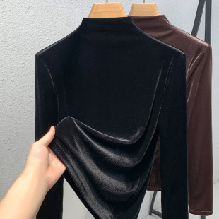 丹语半高领咖色丝绒打底衫女秋装高级感长袖t恤女士黑色欧货上衣