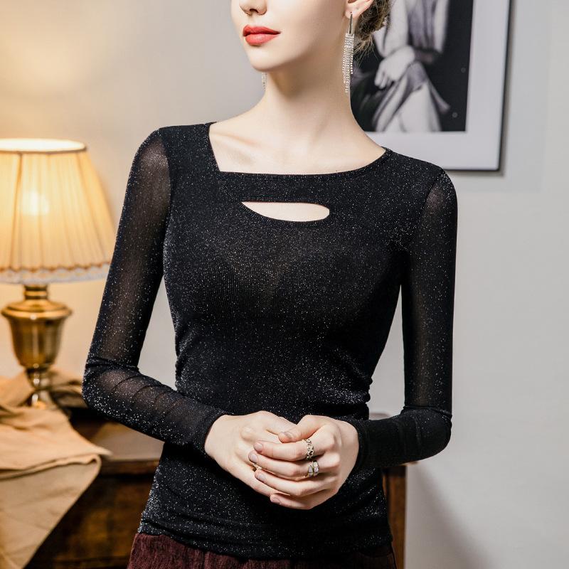 设计感洋气亮丝网纱上衣女秋长袖