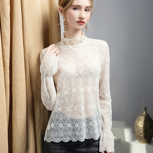 性感风立领蕾丝上衣女轻奢高级感勾花镂空薄款半透视网纱打底衫秋