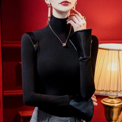 洋气半高领磨毛打底衫女秋喇叭袖