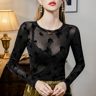 薄款亮丝网纱打底衫女秋长袖性感内搭印花沙体t恤亮闪闪薄纱上衣