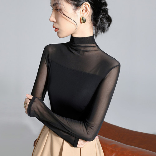 高级感半高领微透网纱打底衫女秋