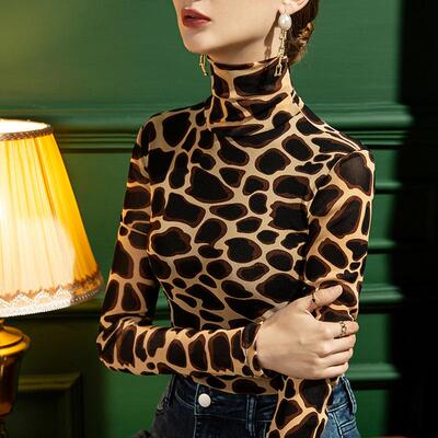 高领豹纹印花网纱打底衫女秋长袖