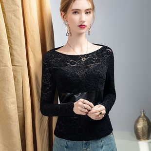 一字领黑色蕾丝打底衫2025新款PU皮拼接长袖t恤独特别致收腰上衣