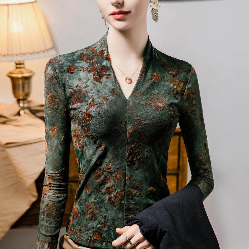 气质v领打底衫女2025新款长袖网纱t恤女士高级感印花蕾丝上衣秋装