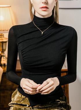 秋装独特别致网纱上衣女款长袖收腰小衫沙体t恤半高领纱衣打底衫