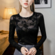 网纱t恤性感半透明黑纱上衣秋 内搭提花薄款 薄纱蕾丝打底衫 女长袖