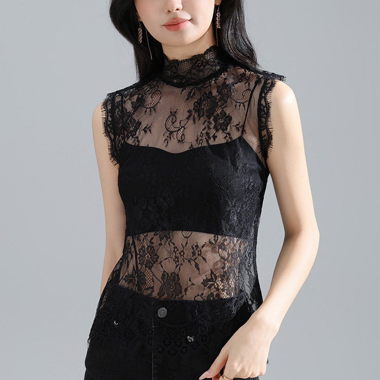 半高领黑色蕾丝打底衫女夏薄款镂空透视无袖网纱上衣内搭坎肩背心