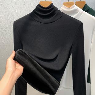 t恤女士蕾丝上衣冬装 加绒纱衣内搭长袖 2025年新款 高领网纱打底衫