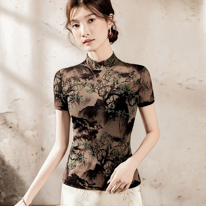 国风水墨画印花网纱t恤女短袖新中式薄纱小衫半高领舞蹈上衣夏装,女装/女士精品,T恤,淘宝优惠券,粉丝福利购,淘宝优惠卷