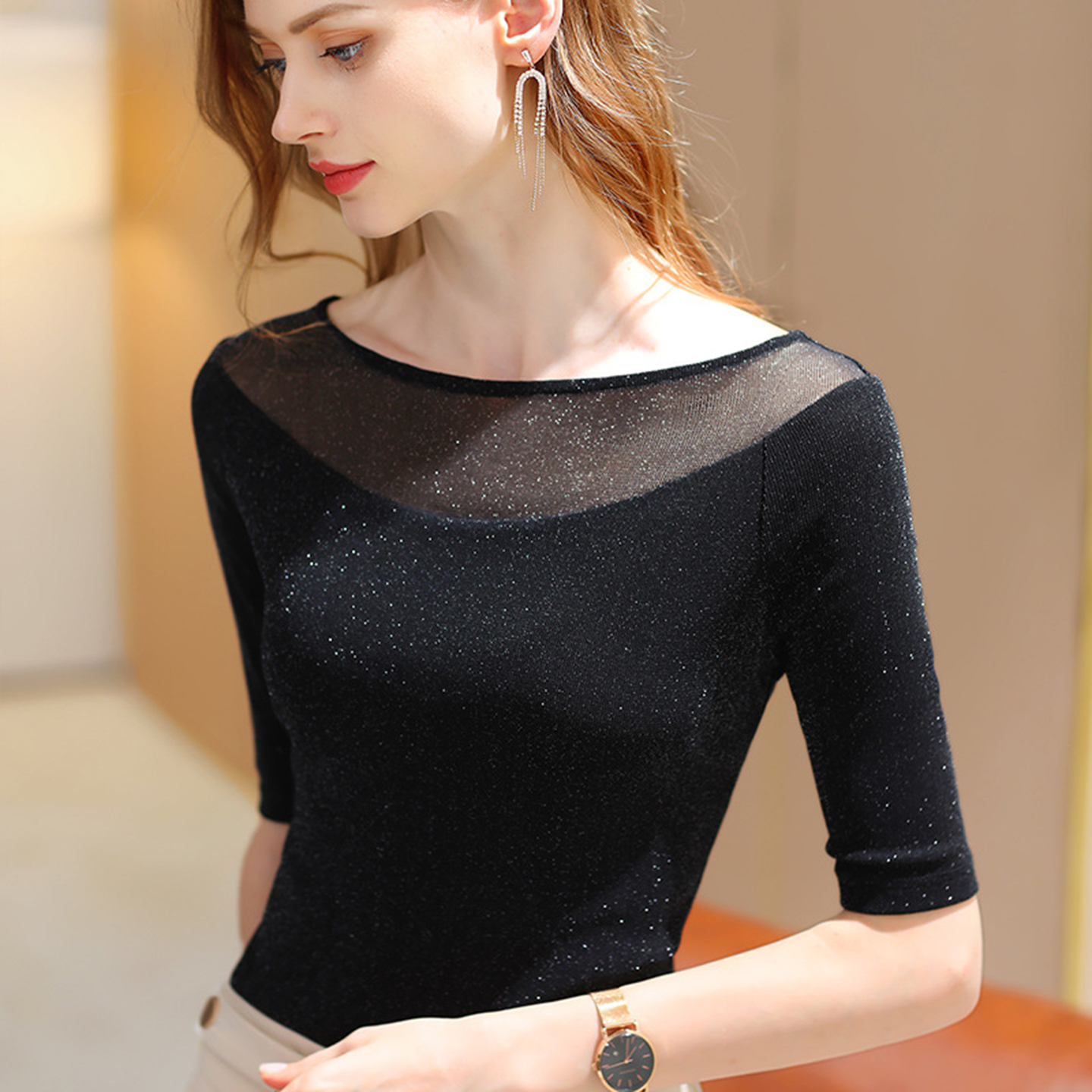 丹语洋气亮丝网纱t恤女中袖秋装