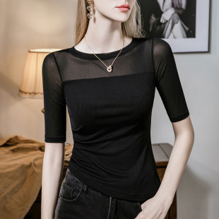 网纱打底衫女中袖2025年新款舞蹈沙衣t恤不规则下摆薄纱上衣秋装