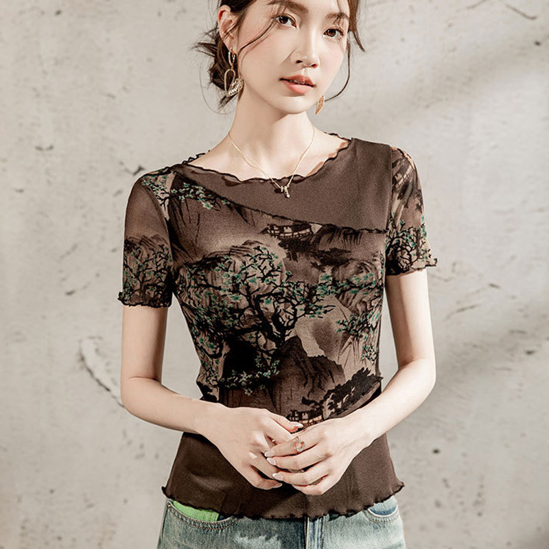 夏装2026新款国风水墨画印花网纱t恤女短袖薄纱小衫舞蹈纱衣上衣
