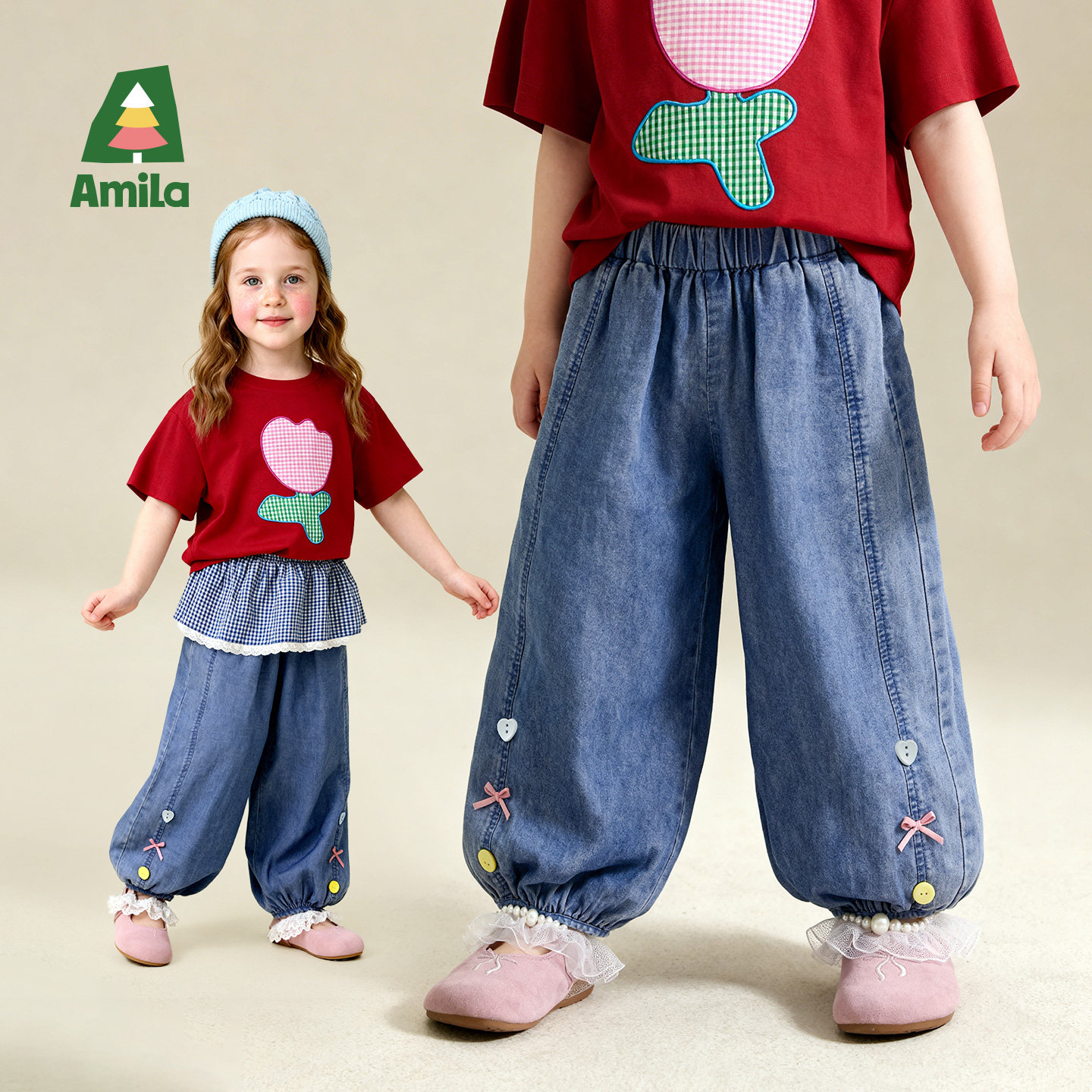 Amila女童莱赛尔天丝防蚊裤2026夏季新款儿童牛仔裤宝宝薄款长裤