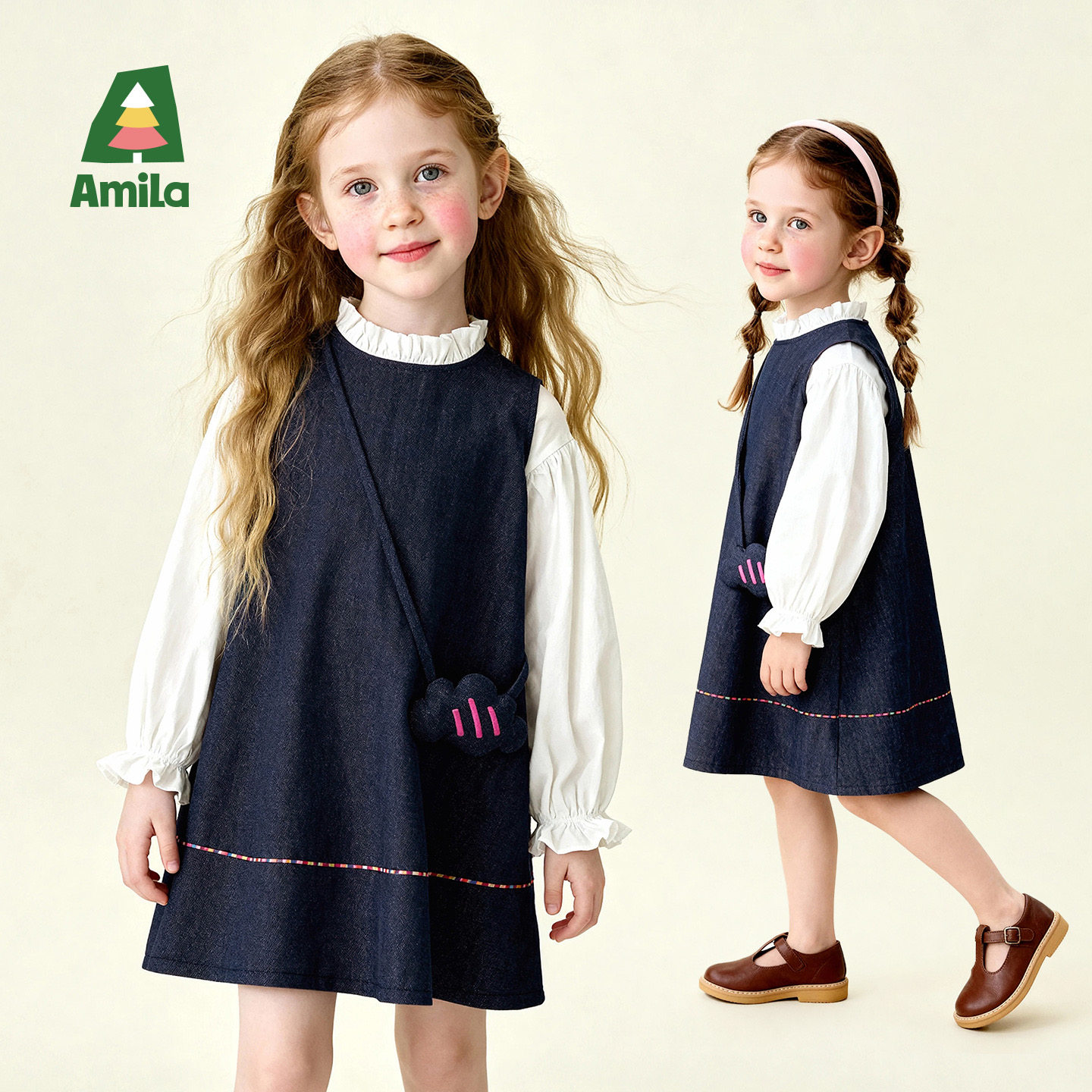 Amila女童牛仔裙套装春季宝宝白色木耳领衬衫背心连衣裙两件套