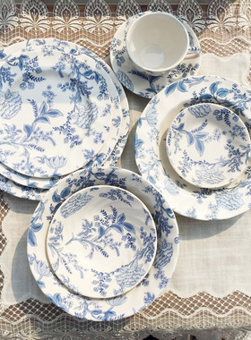 外贸出口餐具老货黄瓷蓝色青花瓷正餐早餐汤盘子谷物碗咖啡杯碟