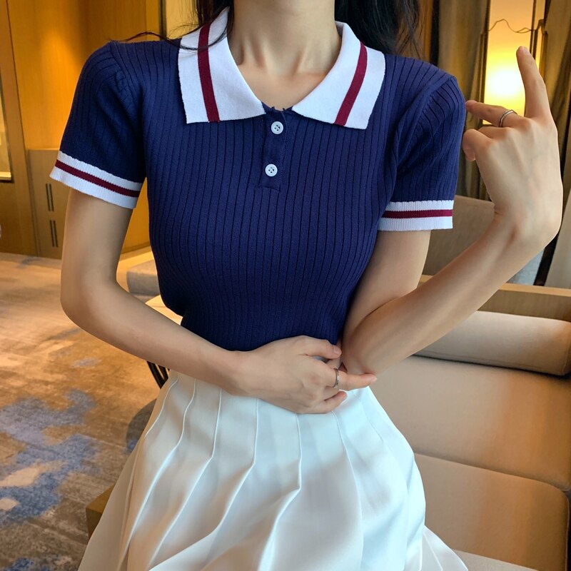 여성을위한 여름 얼음 실크 복고풍 폴로 셔츠 홍콩 스타일 INS 학생 다재다능한 스트라이프 니트 바닥 셔츠 티셔츠 신중한 여성을위한