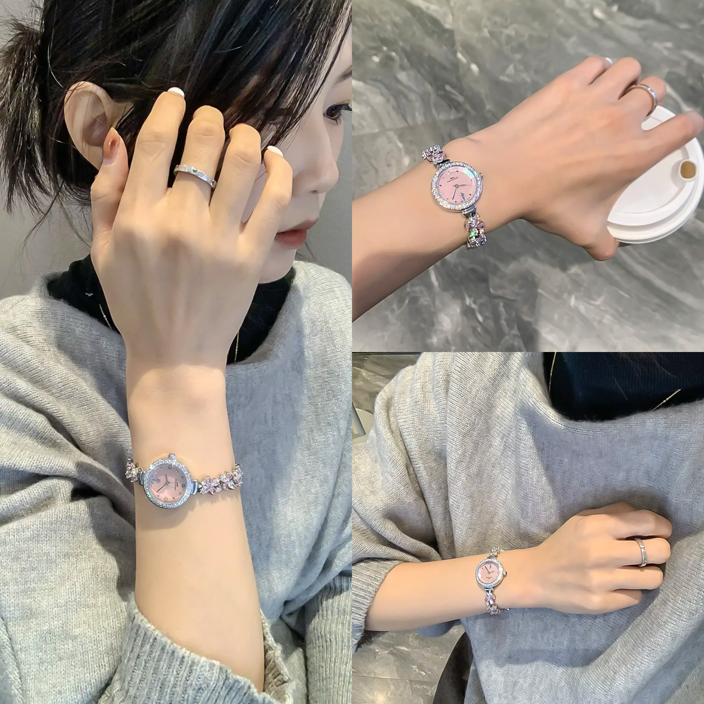 迪士尼手表女款紫藤花腕表女小表盘轻奢镶钻贝母表盘情人节礼物