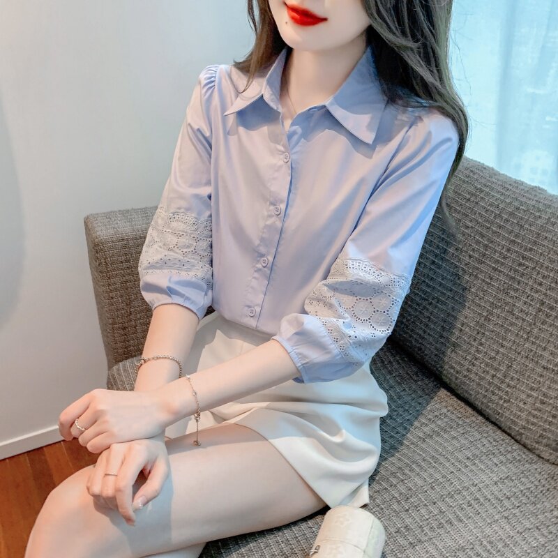 2026年春夏季新款女装泡泡袖棉布衬衫女宽松遮肚子七分袖上衣洋气