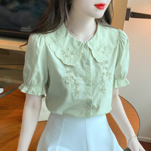 刺绣小清新气质纯棉衬衫 新款 女洋气全棉 2025年夏季 娃娃领衬衣短袖