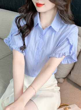 纯棉衬衫女洋气全棉2026夏季新款时尚女士衬衣短袖宽松遮肚子上衣