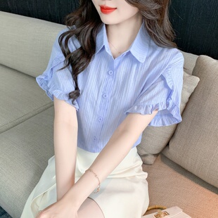 女士衬衣短袖 纯棉衬衫 时尚 新款 宽松遮肚子上衣 女洋气全棉2025夏季