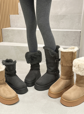 厚底灰色雪地靴女2025冬季新款增高显瘦加绒加厚防滑中长筒雪地棉