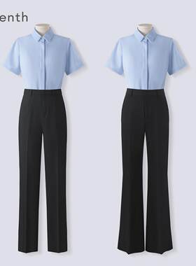 莱伦斯布蓝色暗门襟雪纺短袖衬衫女夏商务工作服面试职业正装套装