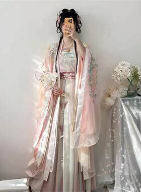 宋汉女子重工业绣花双层大袖衫及腰吊带百褶裙春秋中式古装