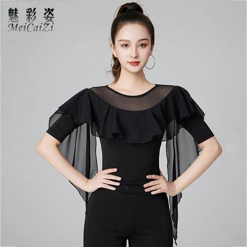 舞蹈上衣女款新款网纱摩登舞服成人高端交谊舞练功服华尔兹形体服