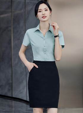 V领白衬衫女士夏季职业装短裙短袖衬衫优雅前台珠宝店工作服正装