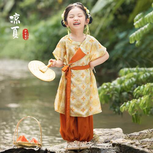 女童圆领袍汉服改良新中式两件套女孩唐制中国古风儿童宋裤春夏秋