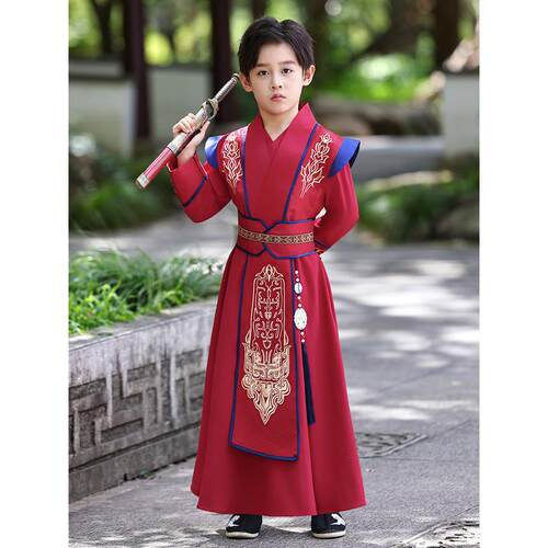 男童汉服武侠古装剑客飞鱼服红色秋季国庆表演演出服儿童书童唐装