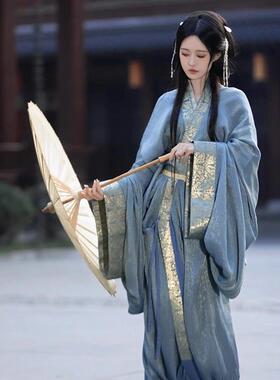 魏晋制蓝色战国袍汉服女直裾古装女款复原拖尾古风女装2026新款