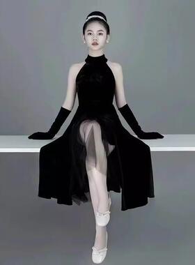 女童演出服黑色丝绒女高端小众主持人走秀小提琴钢琴演奏儿童礼服