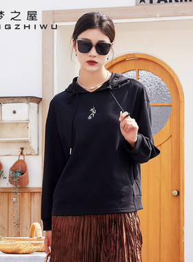 梦之屋2025秋季新款韩版宽松连帽卫衣女刺绣套头长袖上衣Z28373
