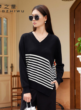 毛衣女梦之屋2025冬季新款韩版条纹不规则宽松大码针织衫M29707