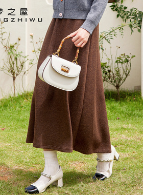 梦之屋半身裙女2025秋冬新款复古百搭松紧腰中长款毛呢伞裙Q29720