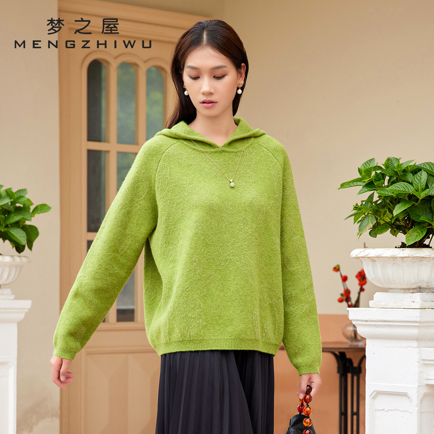 梦之屋连帽针织衫宽松慵懒风毛衣