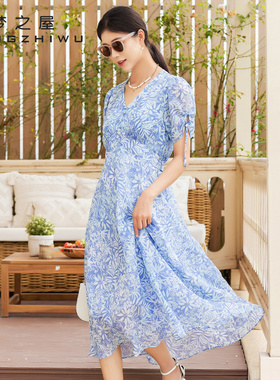 梦之屋女装2025春夏新款短袖连衣裙温柔碎花雪纺中年休闲L28617