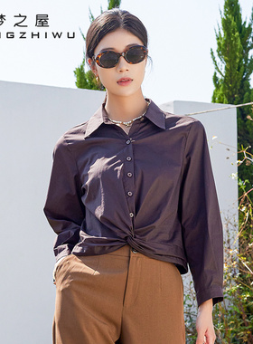 梦之屋2025秋季新款时尚百搭polo领长袖衬衫女宽松显瘦褶皱C28950