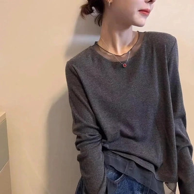 【现货】韩版圆领拼纱长袖T恤打底衫女秋季时尚百搭弹力休闲上衣