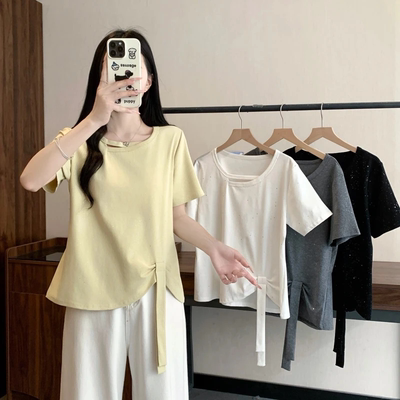 【轻奢设计感】大码女装2026夏新款酒金不规则收腰显瘦百搭短袖t