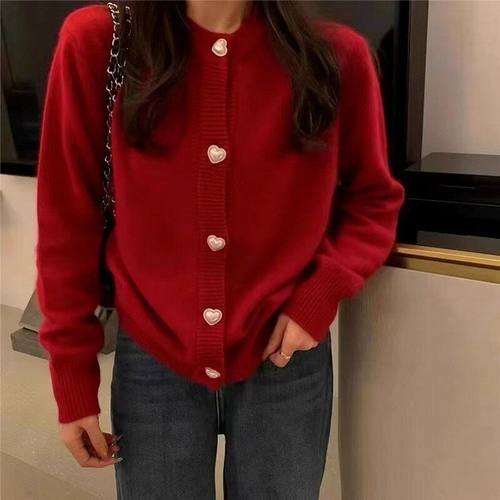 新年红色圆领羊毛开衫女本命年