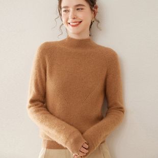 半高领羊绒衫 24秋冬新款 打底衫 毛衣宽松羊绒衫 女抽条 针织长袖