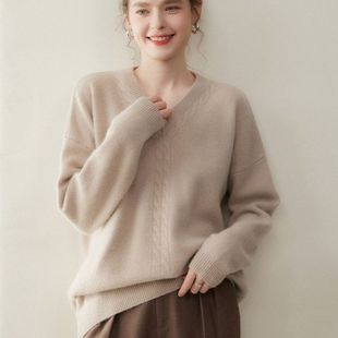 搭配打底裤 慵懒风 毛衣裙宽松针织打底衫 女V领中长款 加厚 山羊绒衫