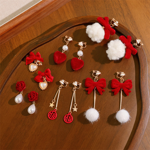 新年超仙气质古风毛绒耳夹无耳洞ins耳钉耳坠植绒流苏耳饰学生女